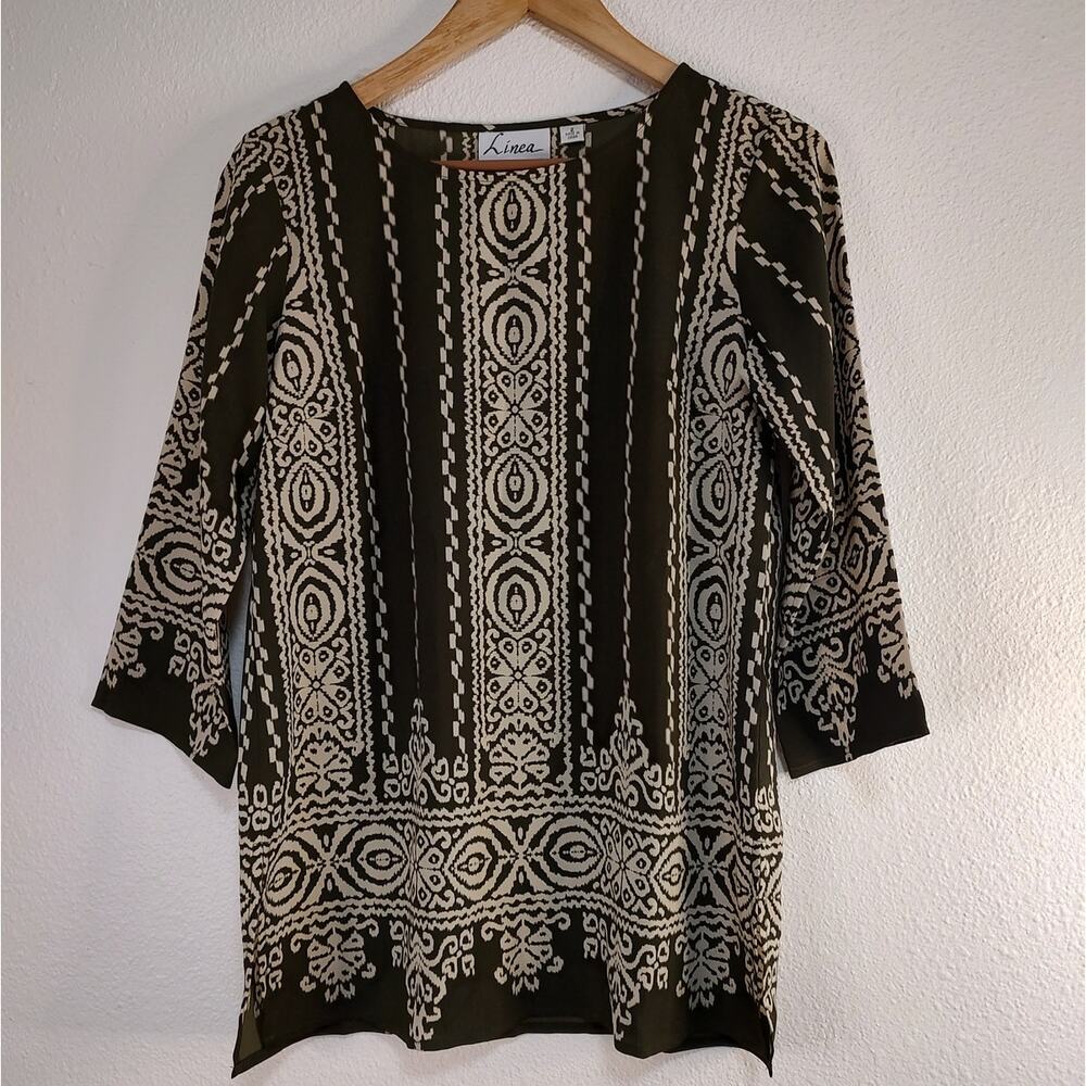 Linea Olive Green Cream Tribal Print 3/4 Sleeve Round Neck Tunic Blouse Size 2